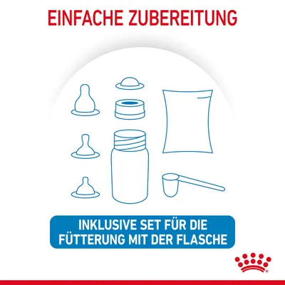 Illustration eines Sets für die Flaschenfütterung, inklusive Sauger, Flasche, Messlöffel und Zubehör. Text: Einfache Zubereitung, Inklusive Set für die Fütterung mit der Flasche.