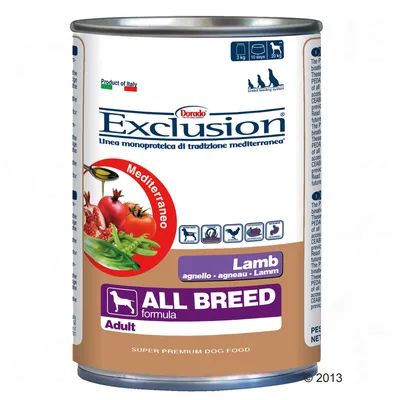 Exclusion Lamb All Breed Adult koiranruoka, purkki. Mediterranean-merkintä, näkyvissä tomaatti ja vihreät pavut. Teksti: super premium dog food, product of Italy.
