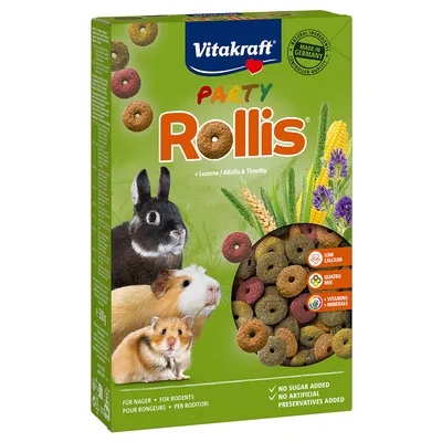 Vitakraft Party Rollis för gnagare, lucern/alfalfa och timotej. Tillverkad i Tyskland, utan tillsatt socker, inga konstgjorda konserveringsmedel, Quattro Mix med vitaminer och mineraler. Vitakraft Party Rollis för gnagare, lucern/alfalfa och timotej. Tillverkad i Tyskland, utan tillsatt socker, inga konstgjorda konserveringsmedel, Quattro Mix med vitaminer och mineraler.
