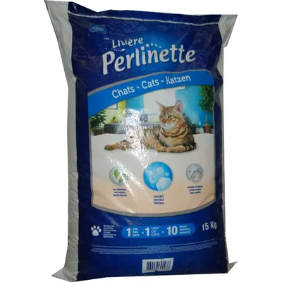 Lettiera Perlina Perlinette per gatti, sacco da 15 kg, con cristalli, testo visibile: Chats - Cats - Katzen, bio-compostabile, durata 1 gatto = 10 mesi.