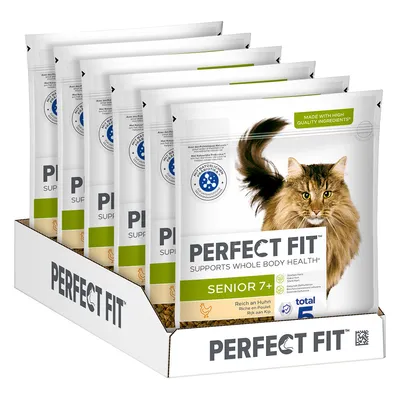 Perfect Fit Senior 7+ karma dla kotów, bogata w kurczaka, wspiera zdrowie całego organizmu. Opakowanie z formułą Total 5 i wysokiej jakości składnikami.
