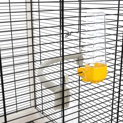 Bouteille d’eau transparente avec base jaune fixée sur une cage en métal noir, perchoir en plastique gris visible à l’intérieur.