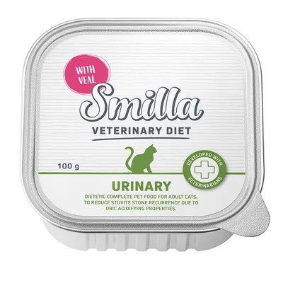 Smilla Veterinary Diet Urinary com vitela, 100g. Alimento dietético completo para gatos adultos para reduzir a formação de cálculos de estruvite. Desenvolvido com veterinários.