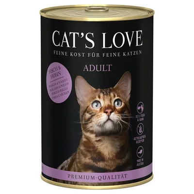 Cat's Love Adult cibo per gatti, pesce e pollo, ricetta senza cereali, 92% pesce e pollo, qualità premium, prodotto in Austria.