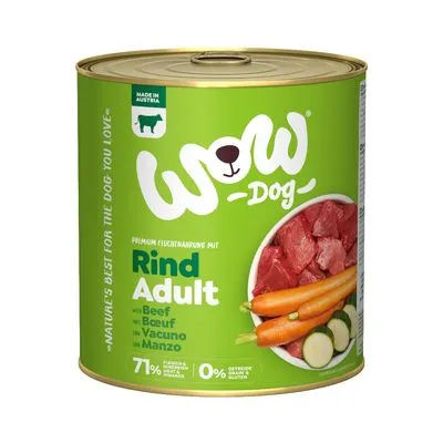 WOW Dog Rind Adult natvoer, rundvleesvariant voor volwassen honden. Op het blik: stukjes vlees, wortels en courgette, 71% vlees & bijproducten, 0% toegevoegde granen, Made in Austria.