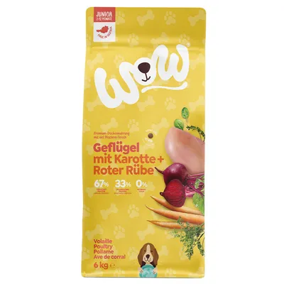 WOW Premium száraztáp kölyökkutyáknak 2-12 hónapos korig, baromfi sárgarépával és céklával, 67% állati fehérje, 33% növényi fehérje, 0% gabona, Made in Austria, 6 kg.