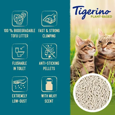Tigerino plant-based litter features: 100% biodegradable tofu, fast and strong clumping, flushable in toilet, anti-sticking pellets, extremely low-dust, with milky scent.