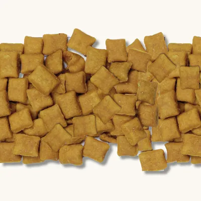 Close-up of square, golden-brown dry food pieces. No further information visible.