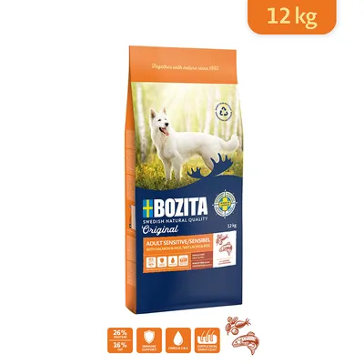 Bozita Adult Sensitive/Sensibel pienso seco con salmón y arroz, 12 kg. 26% proteína, 16% grasa, Omega 3 y 6, apoyo al sistema inmunitario, pelaje brillante. Fabricado en Suecia.