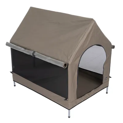 Bruine huisdierentent met gaasramen, metalen frame en oprolbare ingang.