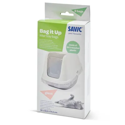 Savic Bag it Up alomtálca zsákok, 6 db, 30% újrahasznosított műanyagból, giant méret: 76 × 56,5 × 41,5 cm, dobozon macska képe látható.