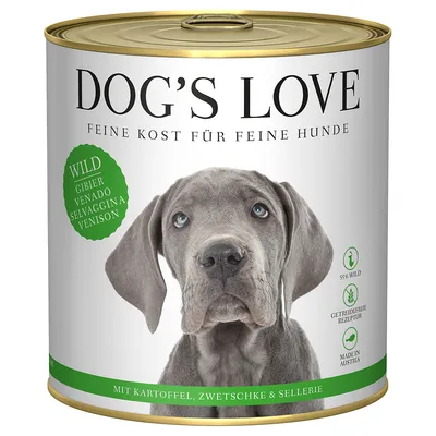 Dog's Love Hundefutterdose mit Wild, Kartoffel, Zwetschke & Sellerie. 55% Wild, getreidefreie Rezeptur, hergestellt in Österreich.