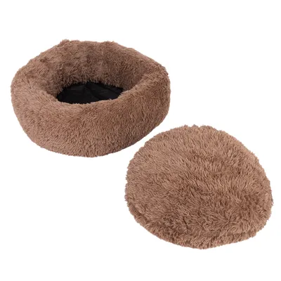 Rundes, braunes Kuschelbett mit abnehmbarem Kissen, flauschige Oberfläche, geeignet für Haustiere.