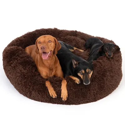 Braunes, rundes Hundebett aus weichem Plüschmaterial mit drei Hunden darin liegend.