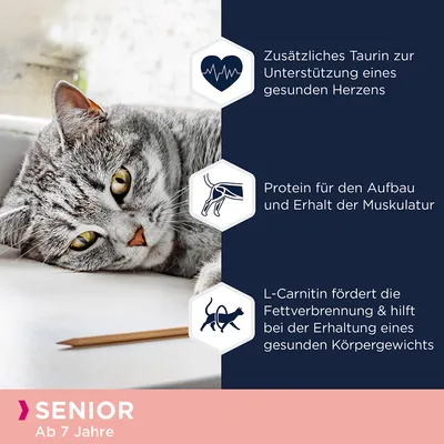 Zusätzliches Taurin für ein gesundes Herz, Protein für Muskelaufbau und -erhalt, L-Carnitin zur Fettverbrennung und Körpergewichtserhaltung. Senior ab 7 Jahre.