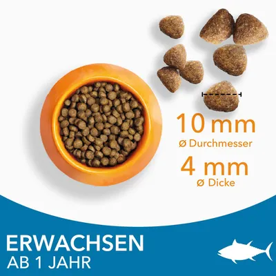 Trockenfutter für erwachsene Tiere ab 1 Jahr. Krokettengrösse: Durchmesser 10 mm, Dicke 4 mm. Abgebildet in einer orangefarbenen Schale mit Fischsymbol.