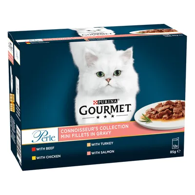 Gourmet Connoisseur's Collection mini fillets in gravy, with beef, chicken, turkey and salmon. Pack contains 12 portions of 85g each.