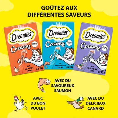 Dreamies Creamy, 3 boîtes visibles : poulet, saumon, canard. Texte : goûtez aux différentes saveurs, avec du bon poulet, savoureux saumon, délicieux canard. Texte allemand sur les boîtes.