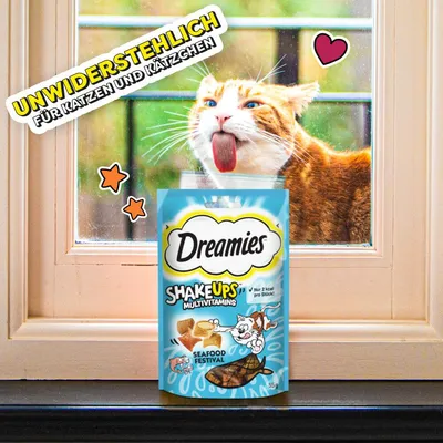 Dreamies Shake Ups multivitamini, okus Seafood Festival, neustavljivo za mačke in mladiče. Samo 2 kcal na kos, pakiranje 55g.