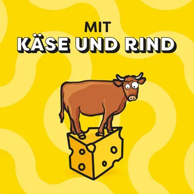 S sirom in govedino. Ilustracija krave na kosu sira na rumeni podlagi.