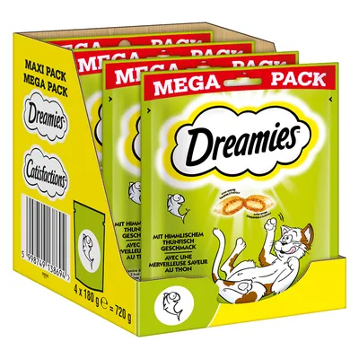 Dreamies MEGA PACK, 4×180 g = 720 g. Text: MIT HIMMLISCHEM THUNFISCH GESCHMACK. Ilustrace kočky a ryby na obalu.