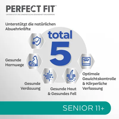 Perfect Fit Total 5: supporta le difese naturali, vie urinarie sane, digestione, pelle e pelo, controllo ottimale del peso. Adatto per Senior 11+.