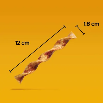 Produktbild eines gedrehten Kausnacks mit den Massen: Länge 12 cm, Durchmesser 1,6 cm.