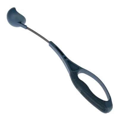 Labdadobó eszköz műanyagból, ergonomikus fogantyúval, sötétkék színben, labdák dobására alkalmas.