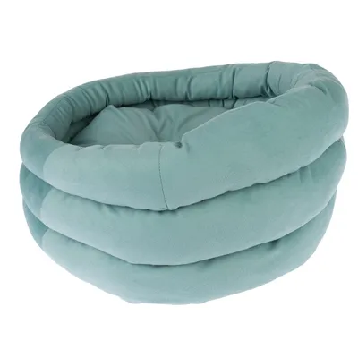 Rond, gevoerd huisdierenbed in lichtgroene kleur met zachte stoffen bekleding en verhoogde rand.