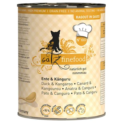 Catz Finefood Ragout in Sauce Nr. 607, kachna a klokan. High Premium, bez obilovin, bez přidaného cukru, bez testování na zvířatech. Vyrobeno v Německu.