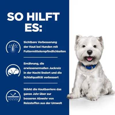 So hilft es: Sichtbare Verbesserung der Haut bei Hunden mit Futtermittelunverträglichkeiten. Ernährung lindert Juckreiz und verbessert Schlafqualität. Stärkt Hautbarriere gegen Umweltreizstoffe.