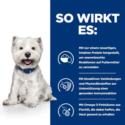So wirkt es: Intaktes Protein zur Vermeidung unerwünschter Reaktionen, bioaktive Verbindungen für gesunde Immunreaktion, Omega-3-Fettsäuren aus Fischöl für Hautgesundheit.