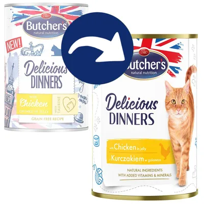 Butcher's Delicious Dinners mit Hühnchen in Gelee. Getreidefreie Rezeptur mit natürlichen Zutaten, Vitaminen und Mineralien. Bild zeigt zwei Dosen mit britischem Design und Katze.