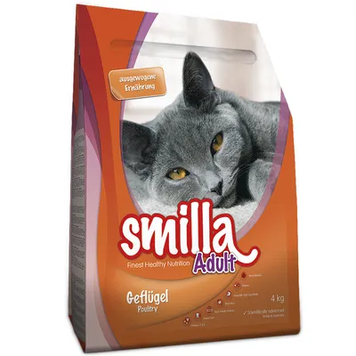 Confezione da 4 kg di Smilla Adult Geflügel Poultry con immagine di un gatto grigio, testo visibile: 'ausgewogene Ernährung', 'Finest Healthy Nutrition', icone e informazioni in inglese/tedesco.