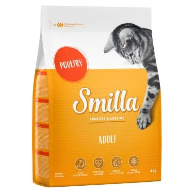 Sac de croquettes Smilla Adult pour chat, volaille, 4 kg. Texte visible : Food for a lifetime, high acceptance, contient taurine, omega fatty acids, wheat free.