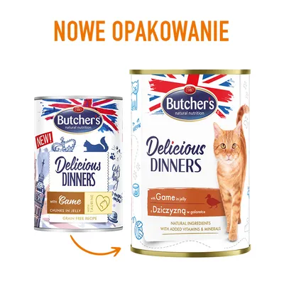 Butcher's Delicious Dinners z dziczyzną w galarecie, nowe opakowanie. Widoczne dwie puszki karmy dla kota: stare i nowe opakowanie, tekst: NOWE OPAKOWANIE.