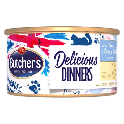 Butcher's Delicious Dinners с тунцом и муссом из морской рыбы, содержит таурин и 30% свежего мяса. Натуральный корм для кошек с 1987 года.