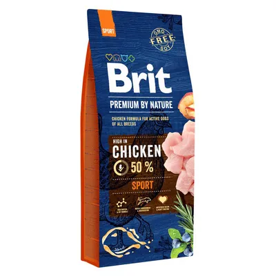 Brit Premium by Nature Sport, formulă cu pui 50 %, pentru câini activi. Fără soia, fără GMO. Text în engleză: High in chicken 50 %, sport, premium by nature.