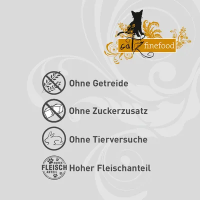 Catz finefood. Ohne Getreide, ohne Zuckerzusatz, ohne Tierversuche, hoher Fleischanteil.