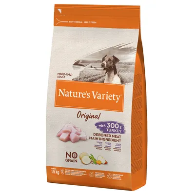 Sac de croquettes Nature's Variety Original pour chien adulte mini (1–10 kg), 1,5 kg, avec 300 g de dinde désossée comme ingrédient principal, sans céréales. Texte en anglais visible.