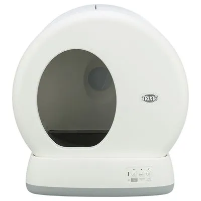 Trixie kattenbak, rond model van wit kunststof met groot ovaal ingang en bedieningspaneel aan de onderzijde zichtbaar.