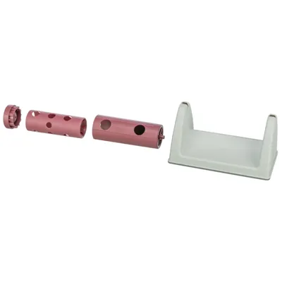Zerlegte Ansicht eines rosa Futterspielzeugs mit Löchern und einer weissen Basis, bestehend aus mehreren Teilen.