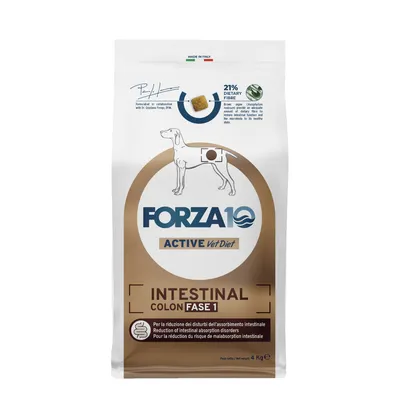 Forza10 Active Vet Diet Intestinal Colon Fase 1, 4kg. Für die Reduktion von Darmabsorptionsstörungen. Enthält 21% Ballaststoffe und Braunalgen. Hergestellt in Italien.