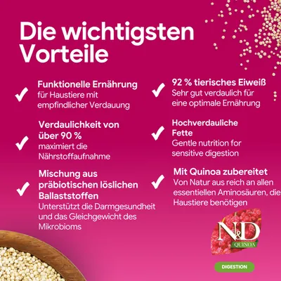 Les principaux avantages : alimentation fonctionnelle, plus de 90 % de digestibilité, fibres prébiotiques, 92 % de protéines animales, graisses hautement digestibles, préparé avec du quinoa. Les principaux avantages : alimentation fonctionnelle, plus de 90 % de digestibilité, fibres prébiotiques, 92 % de protéines animales, graisses hautement digestibles, préparé avec du quinoa.