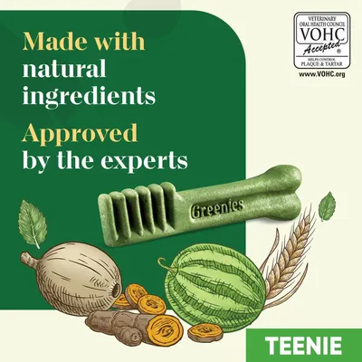 Made with natural ingredients, approved by the experts. VOHC accepted for plaque and tartar control. Greenies dental chew shown with illustrated ingredients. Teenie size.
