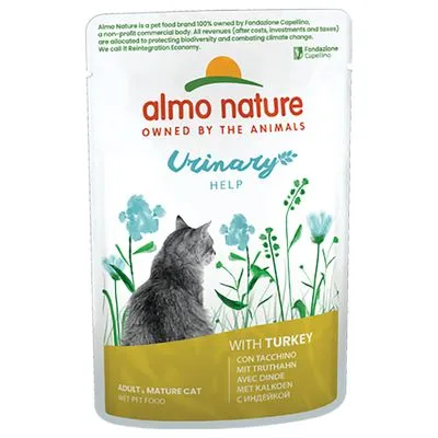 almo nature Urinary Help natvoer voor volwassen katten, met kalkoen. Tekst: WITH TURKEY, ADULT . MATURE CAT WET PET FOOD. Afbeelding van kat en bloemen op de verpakking.