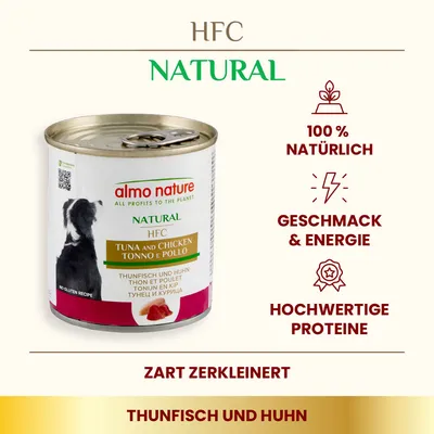Almo Nature HFC Natural Thunfisch und Huhn. 100% natürlich, Geschmack & Energie, hochwertige Proteine. Zart zerkleinert, glutenfreie Rezeptur.