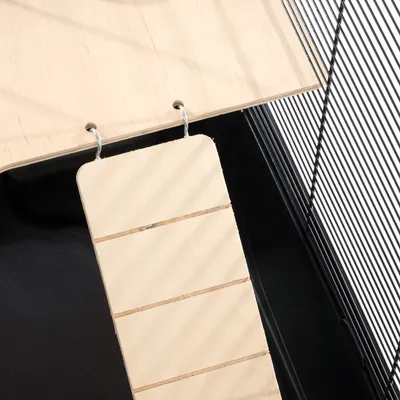 Wooden ramp with metal hooks, connected to a platform in a cage with black wire mesh walls.