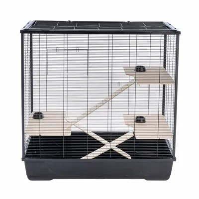 Small animal cage with three wooden levels connected by ramps. Metal mesh walls and plastic base.