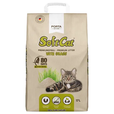 SoftCat Premiumstreu mit Gras, 80 Tage Geruchskontrolle, leichtgewichtig, staubfrei, kompostierbar, Made in Germany, 17L Verpackung.